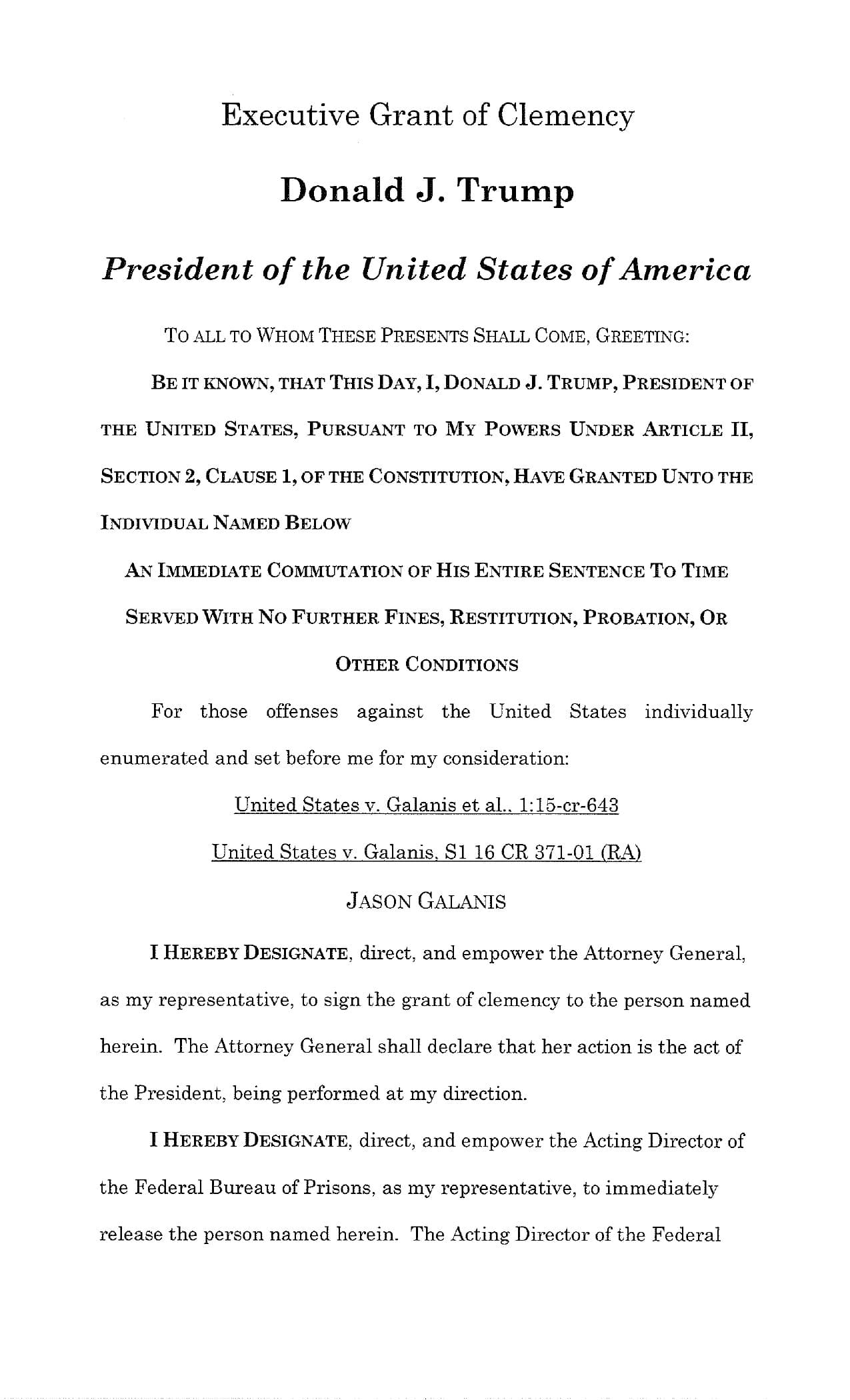 Cover page — President Trump grants Jason Galanis a full pardon — no conditions.